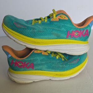Hoka Turquoise and Yellow Athletic Shoes Clifton 9